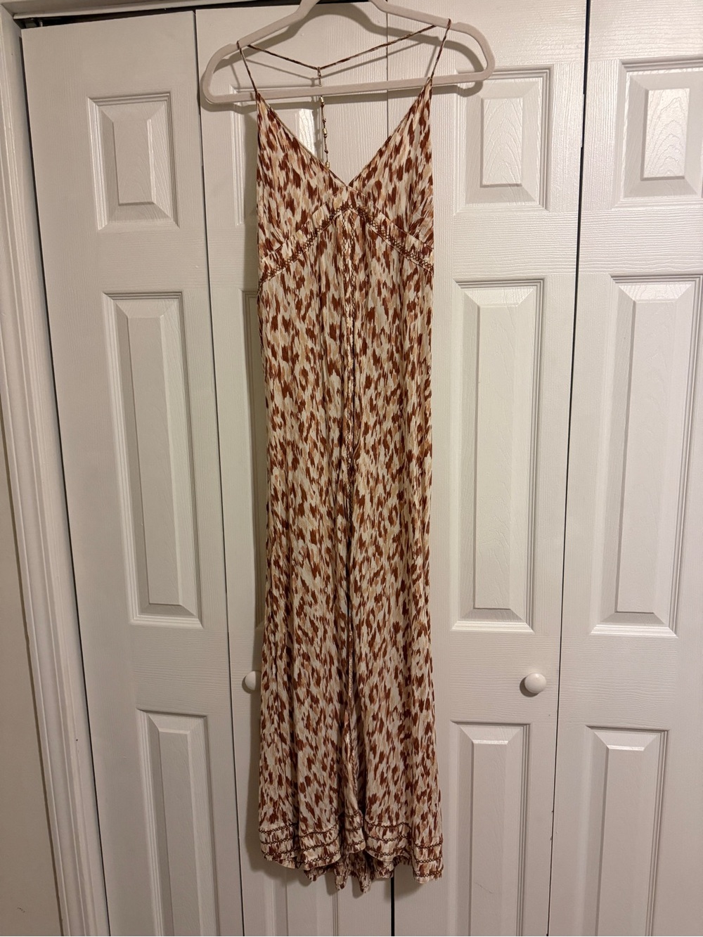 American Eagle Outfitters Spaghetti-Strap Maxi Dress in Cream and Brown Print